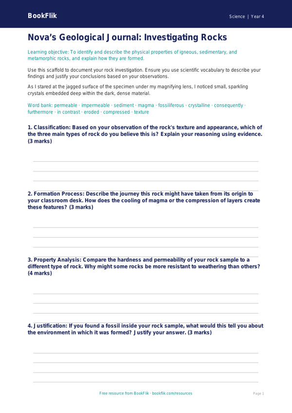 Free Rocks Writing Frame | Class 4 | Science | BookFlik worksheet preview — Science Rocks