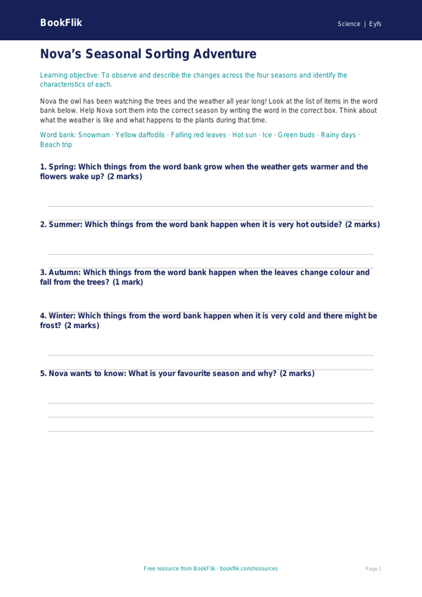 Free Seasonal Changes Activity Sheet | Nursery / LKG | Science | BookFlik worksheet preview — Science Seasonal Changes