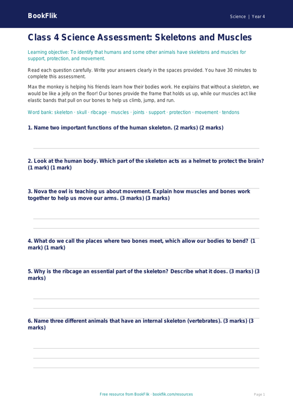 Science skeleton and muscles assessment class 4 core worksheet preview — Science Skeleton And Muscles