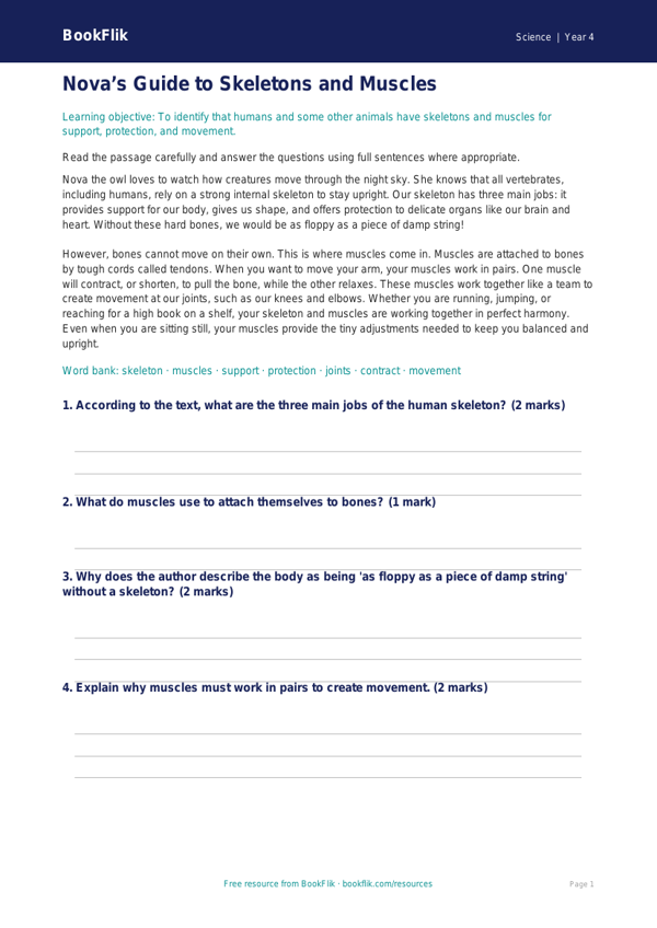 Free Skeleton And Muscles Comprehension | Class 4 | Science | BookFlik worksheet preview — Science Skeleton And Muscles