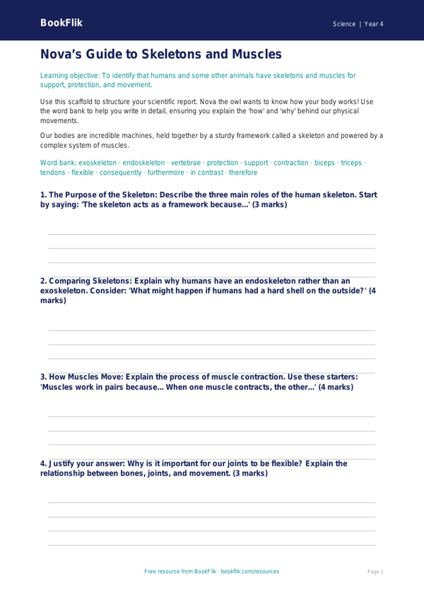 Free Skeleton And Muscles Writing Frame | Class 4 | Science | BookFlik worksheet preview — Science Skeleton And Muscles