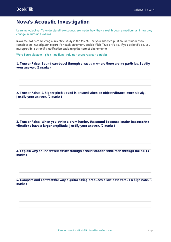 Free Sound Activity Sheet | Class 4 | Science | BookFlik worksheet preview — Science Sound