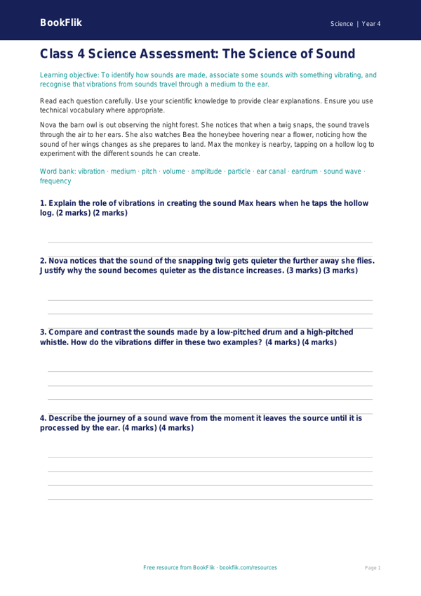 Free Sound Assessment | Class 4 | Science | BookFlik worksheet preview — Science Sound