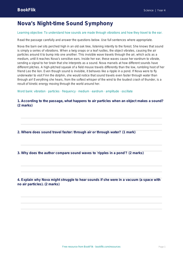 Free Sound Comprehension | Class 4 | Science | BookFlik worksheet preview — Science Sound