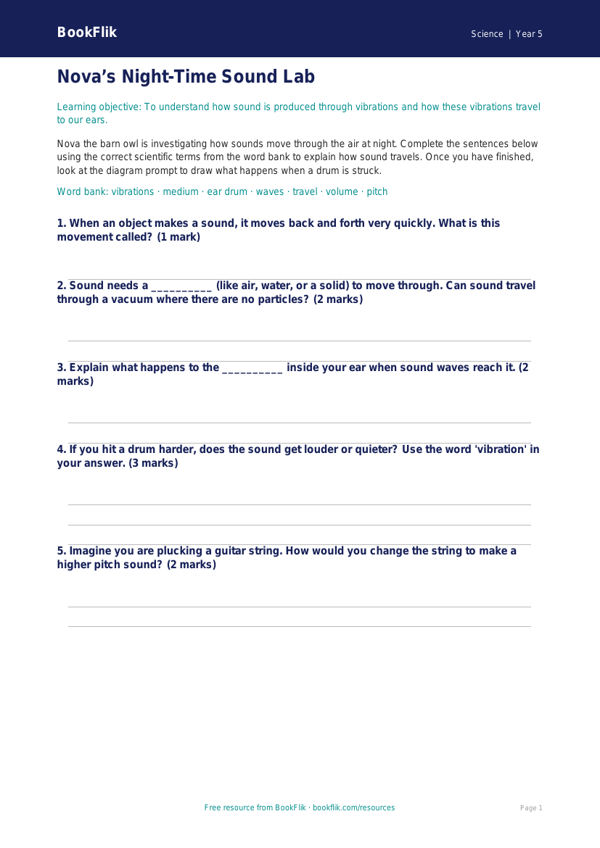 Free Sound Activity Sheet | Class 5 | Science | BookFlik worksheet preview — Science Sound