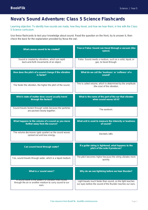 Free Sound Flashcards | Class 5 | Science | BookFlik worksheet preview — Science Sound