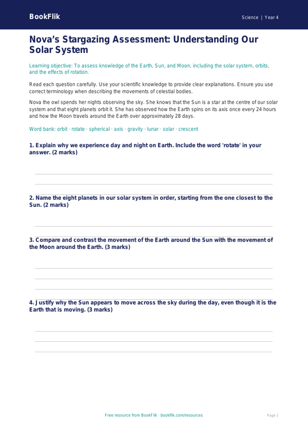 Space Science Assessment for Class 4 | CBSE Curriculum | BookFlik worksheet preview — Science Space