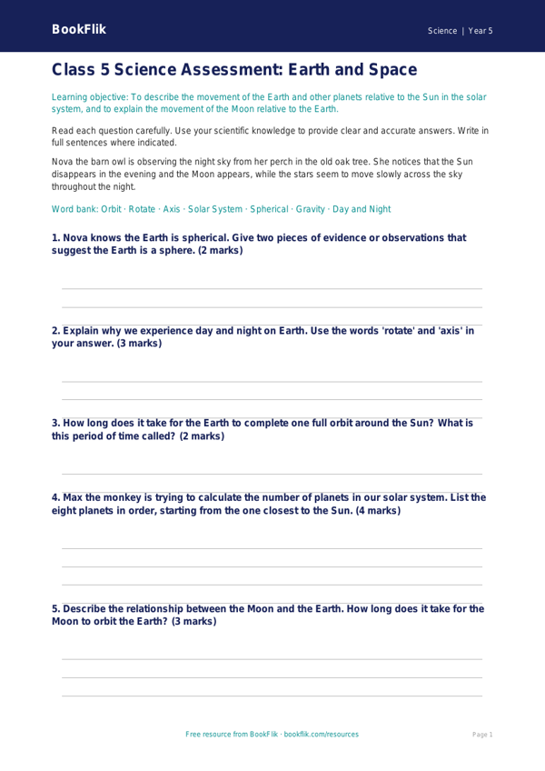 Space Assessment for Class 5 CBSE | Science Worksheet | BookFlik worksheet preview — Science Space