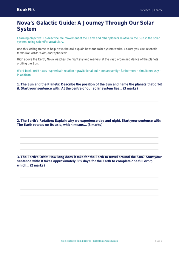 Space Writing Frame | Class 5 Science Worksheet | BookFlik worksheet preview — Science Space