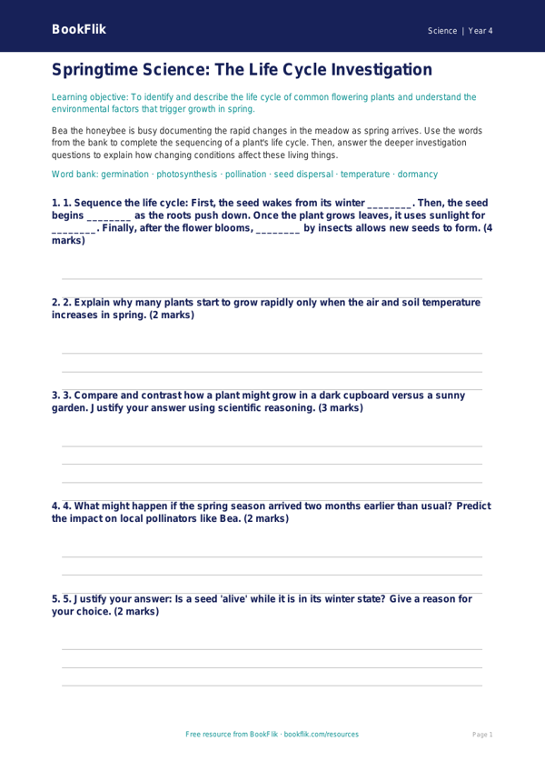Free Spring Science Activity Sheet | Class 4 | Science | BookFlik worksheet preview — Science Spring Science