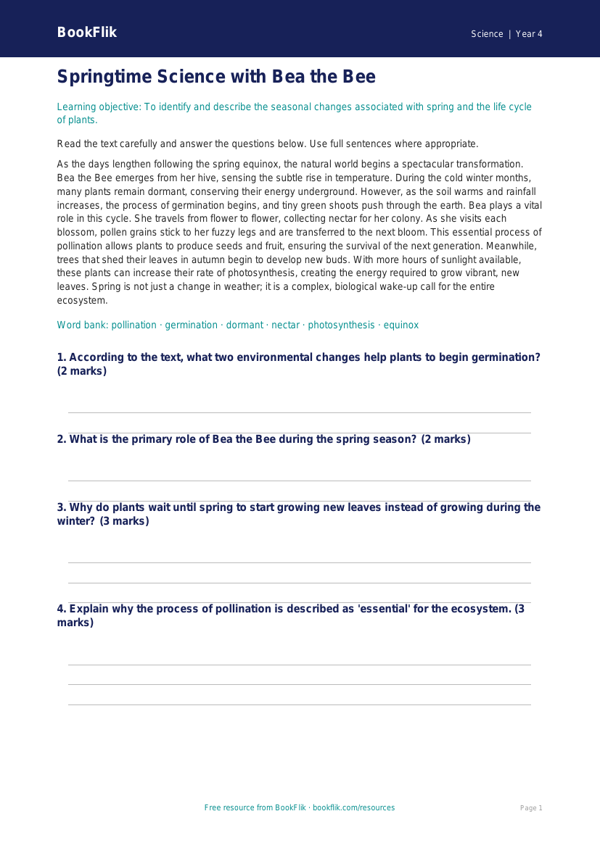 Spring Science Comprehension Worksheet | Class 4 CBSE | BookFlik worksheet preview — Science Spring Science