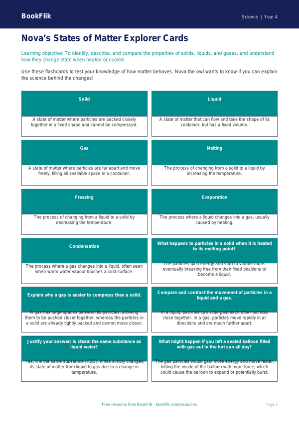 Free States Of Matter Flashcards | Class 4 | Science | BookFlik worksheet preview — Science States Of Matter