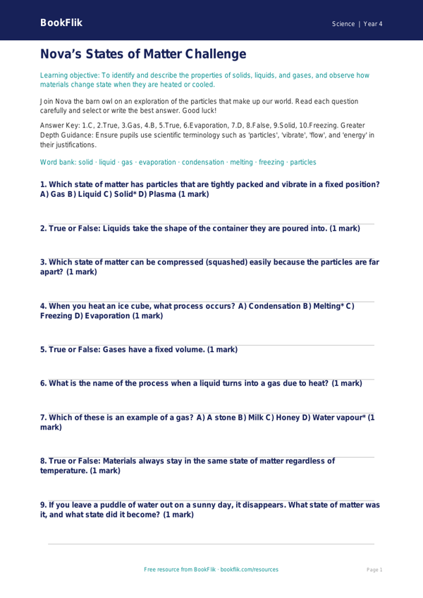 Free States Of Matter Quiz | Class 4 | Science | BookFlik worksheet preview — Science States Of Matter