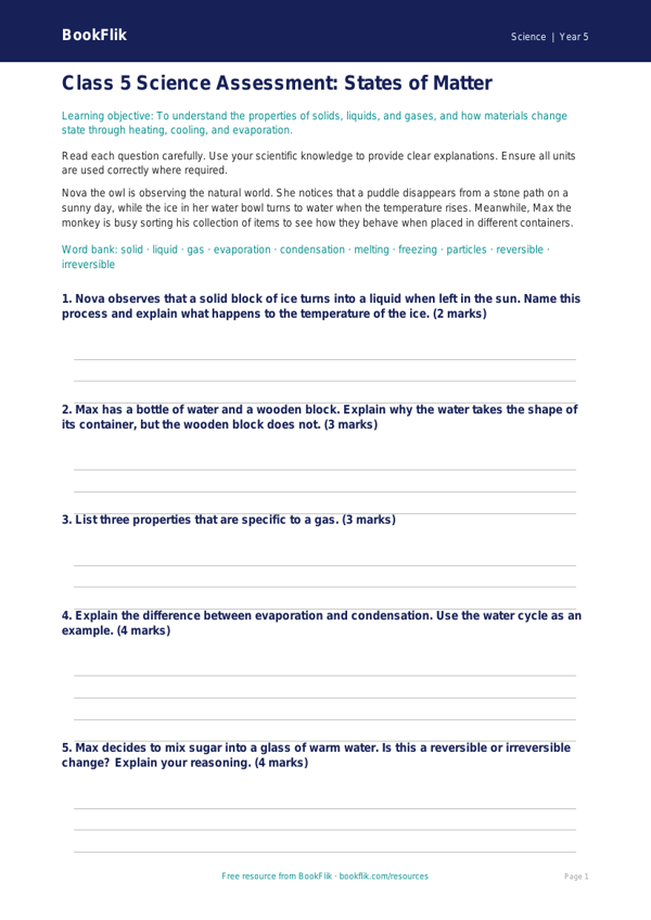 Free States Of Matter Assessment | Class 5 | Science | BookFlik worksheet preview — Science States Of Matter