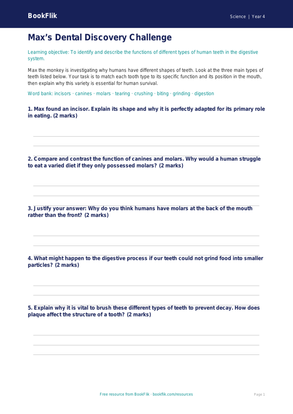 Free Teeth Activity Sheet | Class 4 | Science | BookFlik worksheet preview — Science Teeth