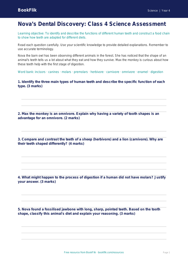 Teeth Assessment Class 4 | Science Worksheet | BookFlik worksheet preview — Science Teeth