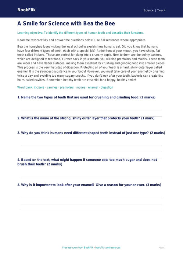 Science teeth comprehension class 4 core worksheet preview — Science Teeth