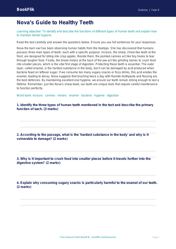 Teeth Comprehension Worksheet | Class 4 Science | BookFlik worksheet preview — Science Teeth