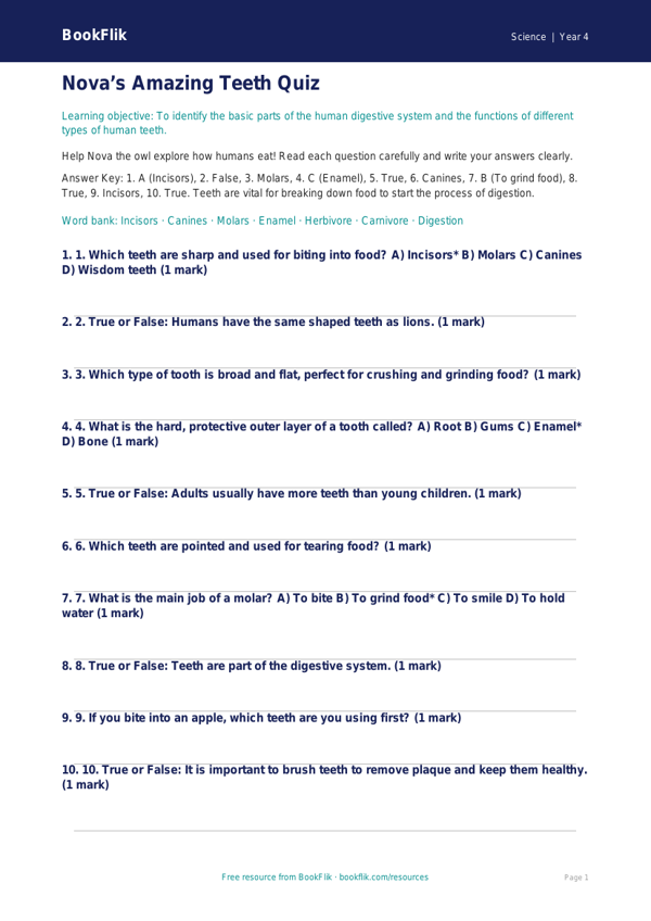 Free Teeth Quiz | Class 4 | Science | BookFlik worksheet preview — Science Teeth