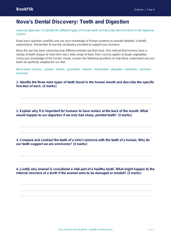 Free Teeth Worksheet | Class 4 | Science | BookFlik worksheet preview — Science Teeth