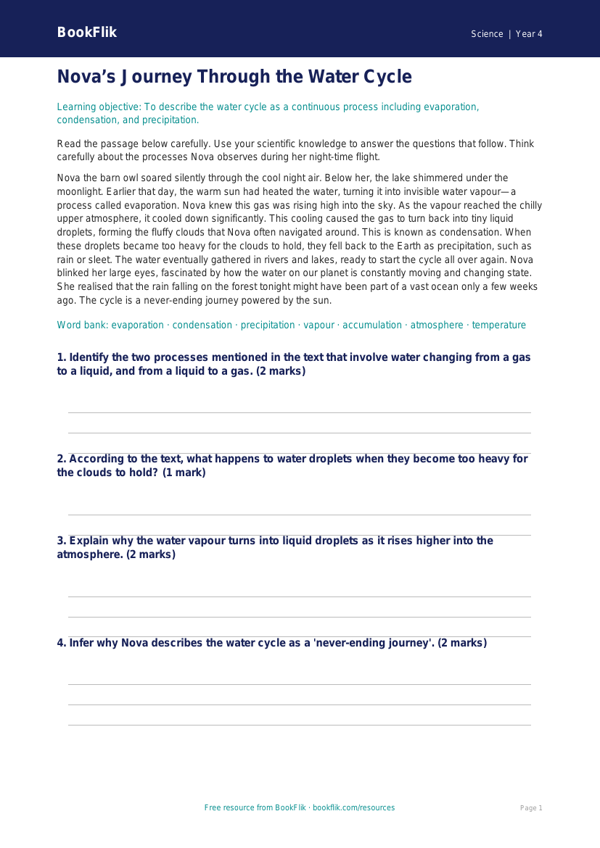 Free Water Cycle Comprehension | Class 4 | Science | BookFlik worksheet preview — Science Water Cycle