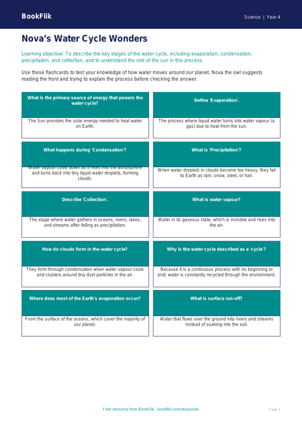 Free Water Cycle Flashcards | Class 4 | Science | BookFlik worksheet preview — Science Water Cycle