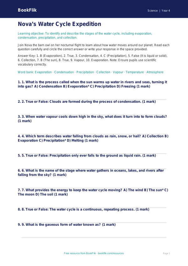 Free Water Cycle Quiz | Class 4 | Science | BookFlik worksheet preview — Science Water Cycle