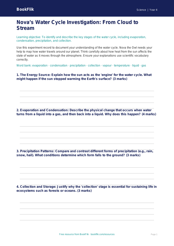 Water Cycle Worksheet for Class 4 | CBSE Science | BookFlik worksheet preview — Science Water Cycle