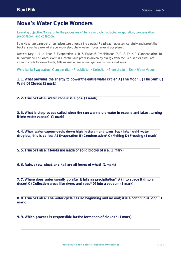 Free Water Cycle Quiz | Class 5 | Science | BookFlik worksheet preview — Science Water Cycle