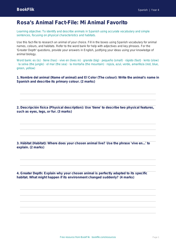 Class 4 Spanish Animals Worksheet | CBSE Curriculum | BookFlik worksheet preview — Spanish Animals