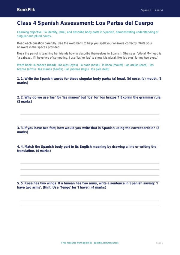 Free Body Parts Assessment | Class 4 | Spanish | BookFlik worksheet preview — Spanish Body Parts