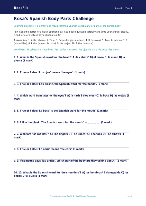 Free Body Parts Quiz | Class 4 Spanish | BookFlik worksheet preview — Spanish Body Parts