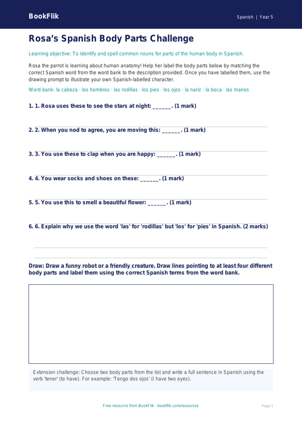 Spanish Body Parts Activity Sheet for Class 5 | CBSE | BookFlik worksheet preview — Spanish Body Parts