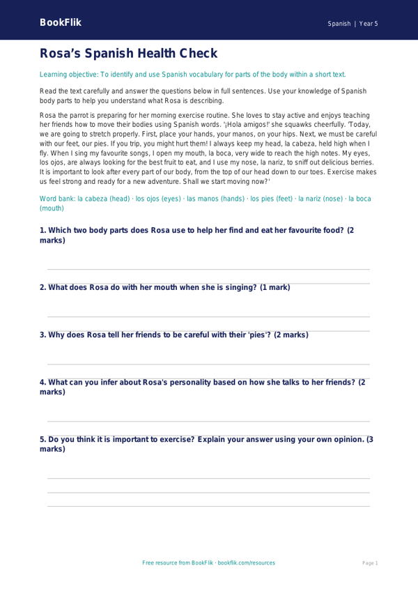 Spanish Body Parts Lesson for Class 5 | CBSE Spanish Resources worksheet preview — Spanish Body Parts