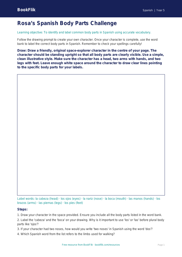 Spanish Body Parts Worksheet for Class 5 | CBSE Learning | BookFlik worksheet preview — Spanish Body Parts