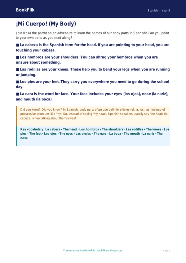 Spanish Body Parts Learning Resource | Class 5 | CBSE | BookFlik worksheet preview — Spanish Body Parts