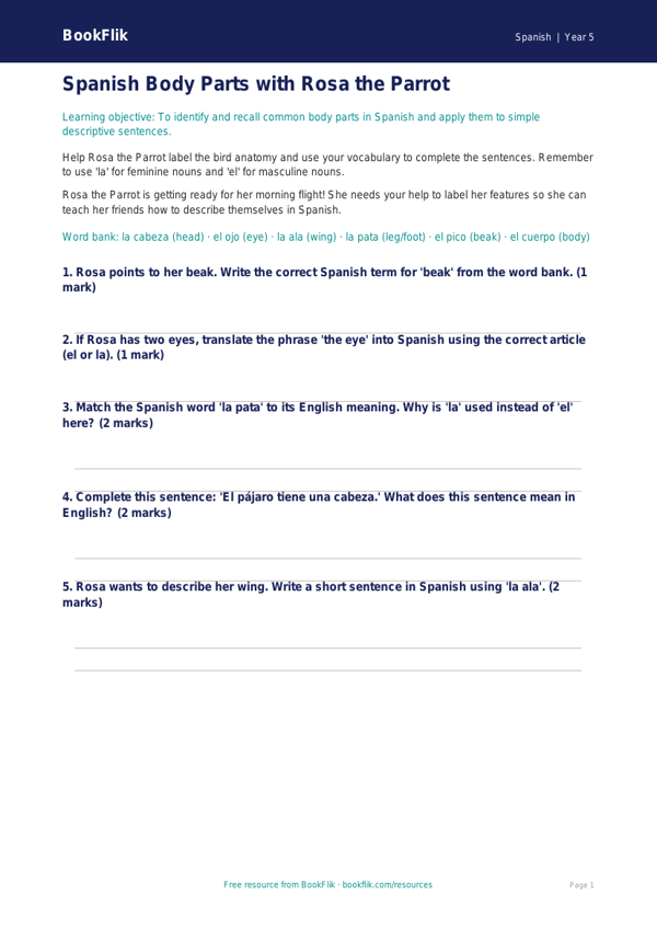 Spanish Body Parts Worksheet for Class 5 | CBSE Curriculum | BookFlik worksheet preview — Spanish Body Parts