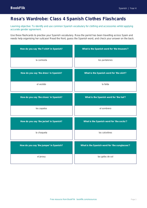 Spanish Clothes Flashcards for Class 4 | CBSE Curriculum | BookFlik worksheet preview — Spanish Clothes