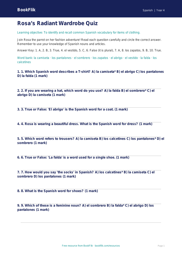 Spanish Clothes Quiz for Class 4 | CBSE Curriculum | BookFlik worksheet preview — Spanish Clothes