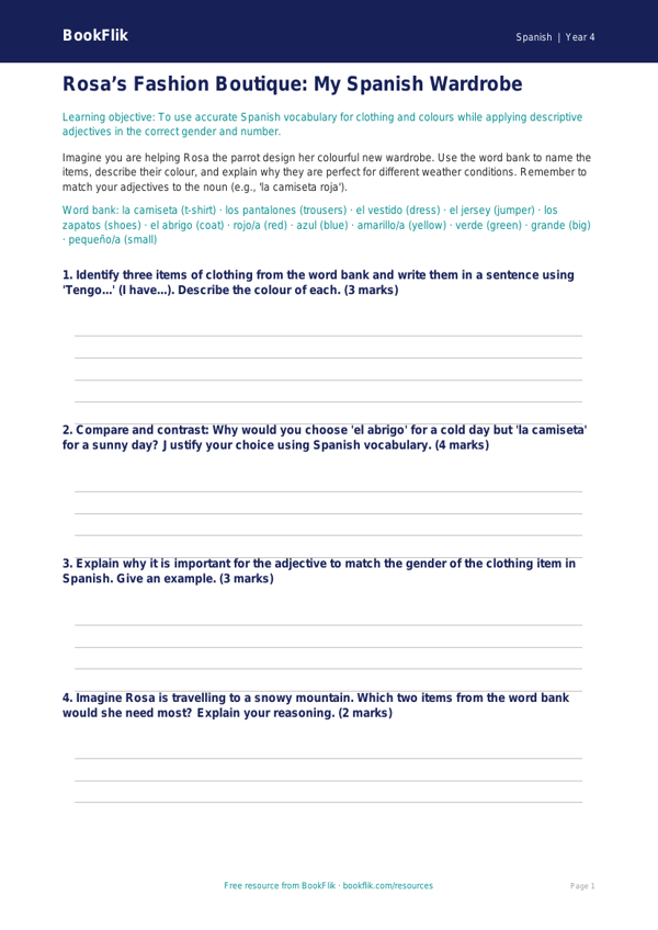 Spanish Clothes Vocabulary Worksheet | Class 4 CBSE | BookFlik worksheet preview — Spanish Clothes