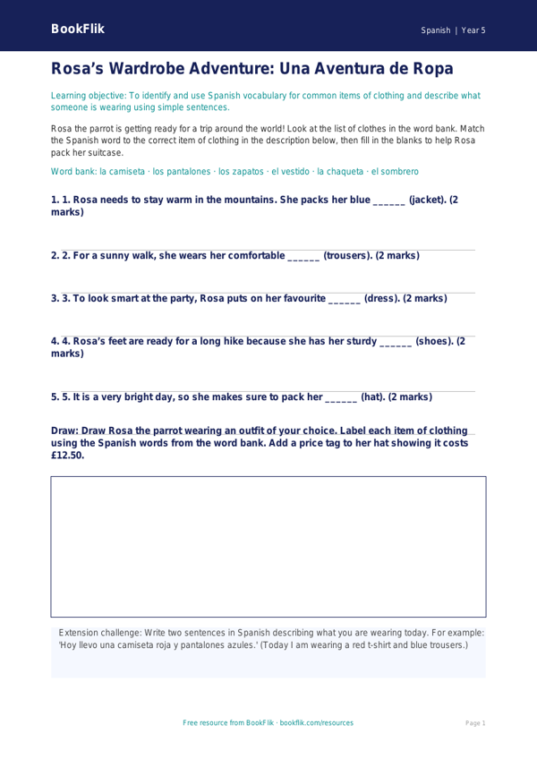 Free Clothes Activity Sheet | Class 5 | Spanish | BookFlik worksheet preview — Spanish Clothes