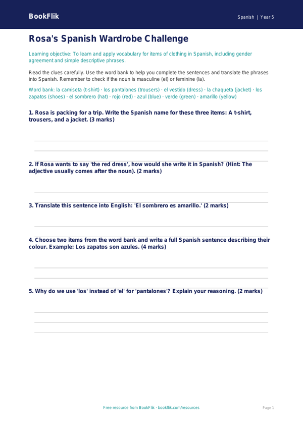 Spanish Clothes Vocabulary Worksheet | Class 5 CBSE | BookFlik worksheet preview — Spanish Clothes