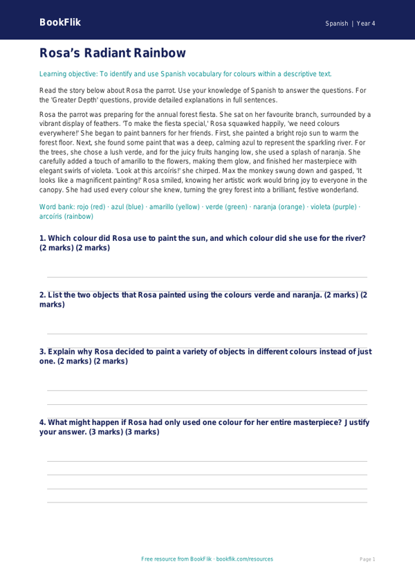 Colours in Spanish Comprehension | Class 4 CBSE | BookFlik worksheet preview — Spanish Colours