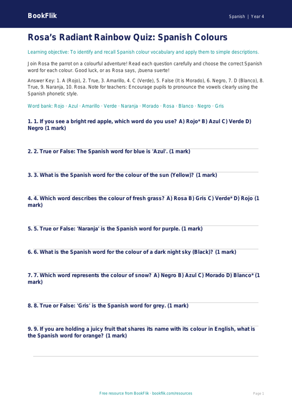 Colours in Spanish Quiz for Class 4 | CBSE Curriculum | BookFlik worksheet preview — Spanish Colours