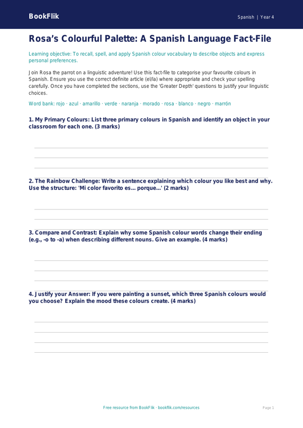 Colours in Spanish: Class 4 Worksheet | BookFlik worksheet preview — Spanish Colours