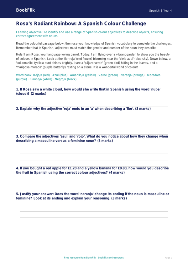 Colours in Spanish: Class 4 Worksheet | BookFlik Learning worksheet preview — Spanish Colours