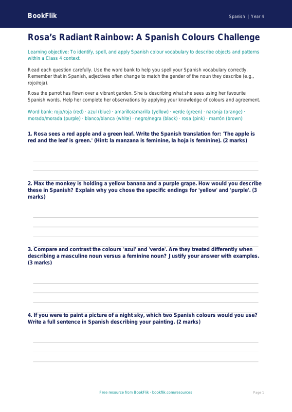 Colours in Spanish Worksheet for Class 4 | CBSE Curriculum | BookFlik worksheet preview — Spanish Colours