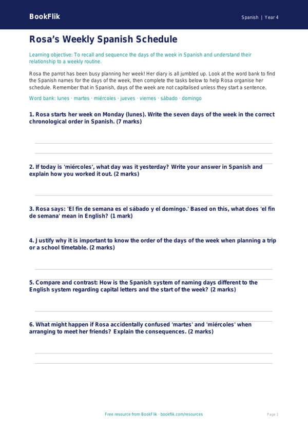Free Days Of The Week Activity Sheet | Class 4 | Spanish | BookFlik worksheet preview — Spanish Days Of The Week