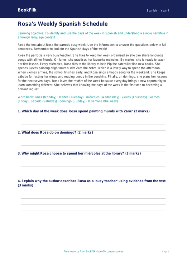 Days of the Week in Spanish: Class 4 CBSE Worksheet | BookFlik worksheet preview — Spanish Days Of The Week