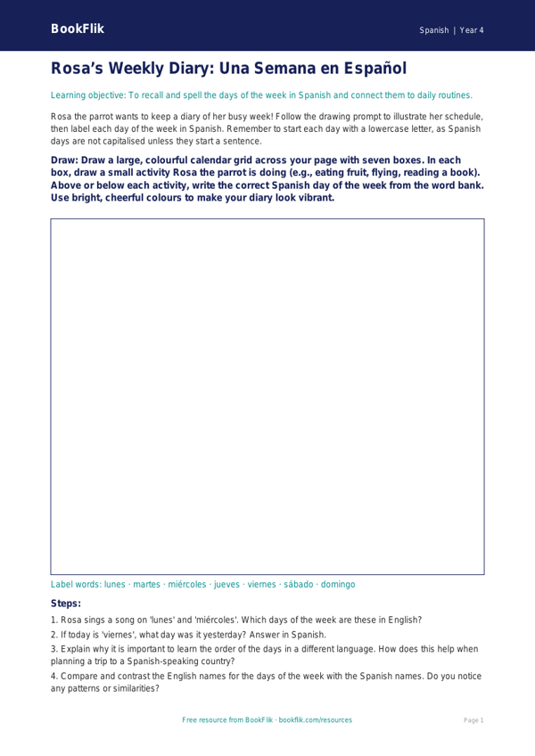 Free Days Of The Week Drawing Sheet | Class 4 | Spanish | BookFlik worksheet preview — Spanish Days Of The Week